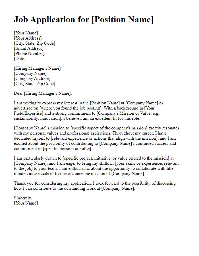 Letter template of emphasizing alignment with companys mission in job application