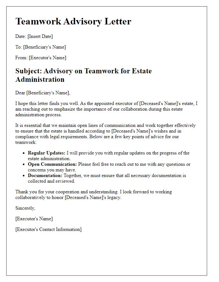 Letter template of beneficiary and executor teamwork advisory