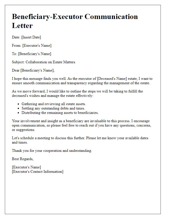 Letter template of beneficiary-executor joint effort communication