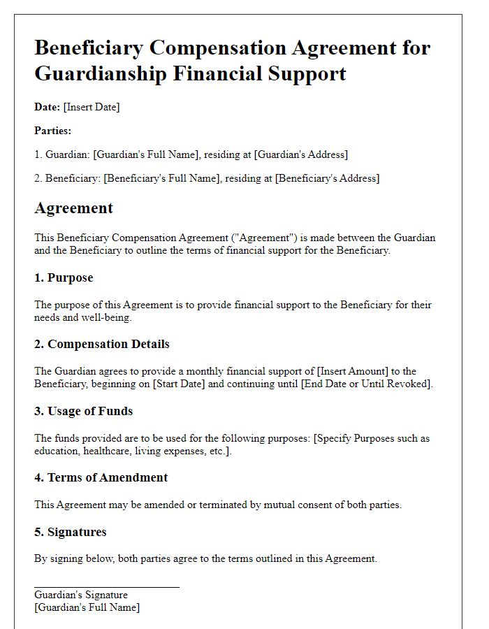 Letter template of beneficiary compensation agreement for guardianship financial support.