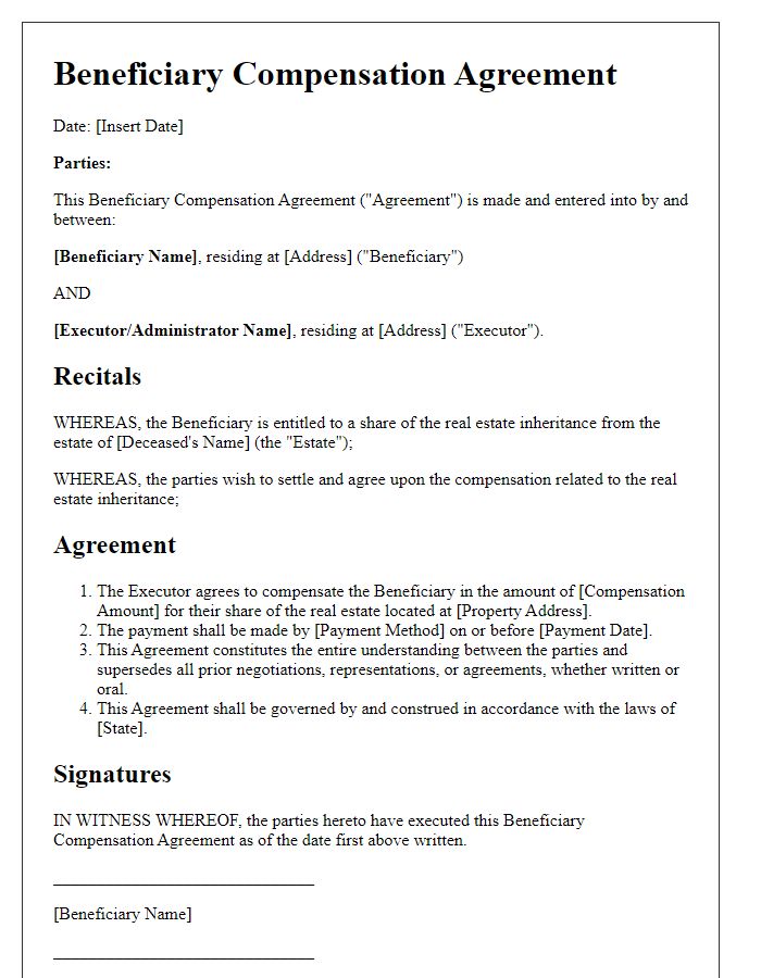 Letter template of beneficiary compensation agreement for real estate inheritance.