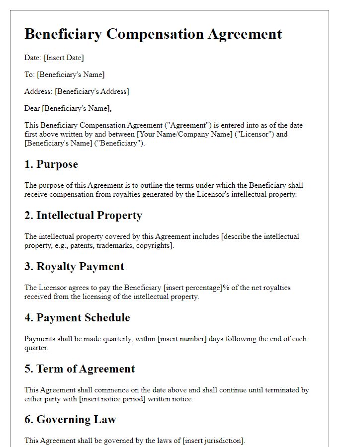 Letter template of beneficiary compensation agreement for royalties and intellectual property.