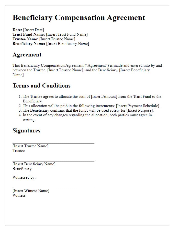 Letter template of beneficiary compensation agreement for trust fund allocation.