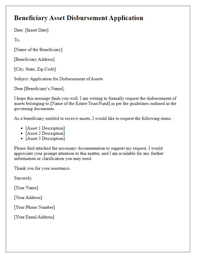 Letter template of beneficiary asset disbursement application.