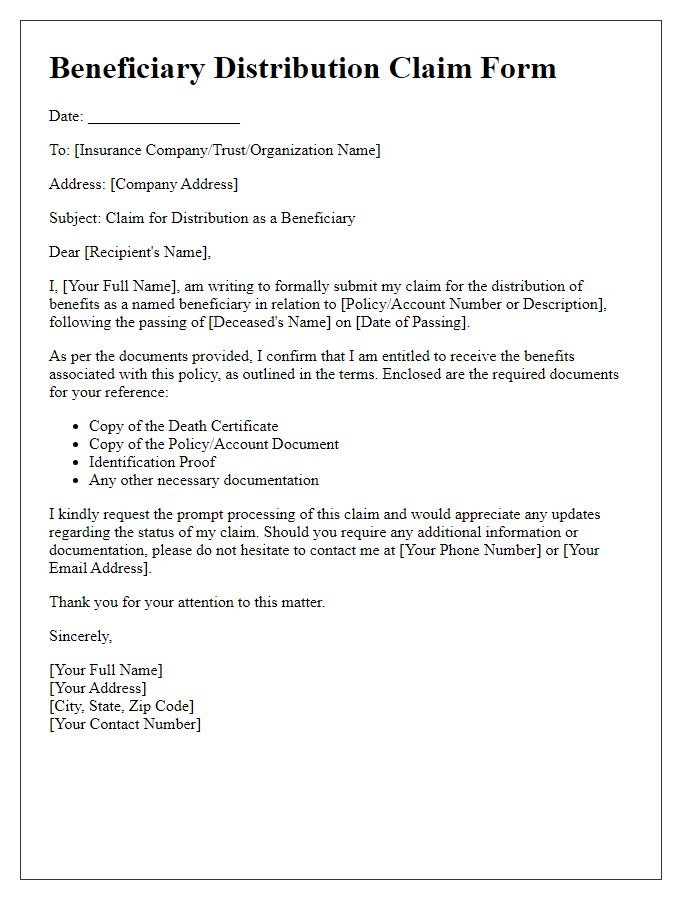 Letter template of beneficiary distribution claim form.