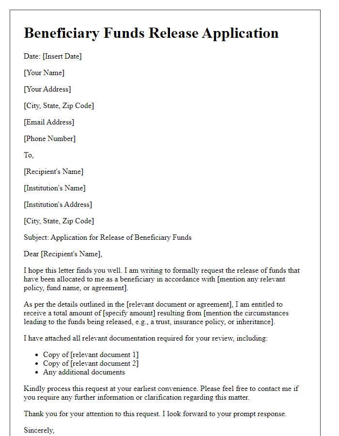 Letter template of beneficiary funds release application.