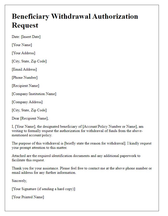 Letter template of beneficiary withdrawal authorization request.