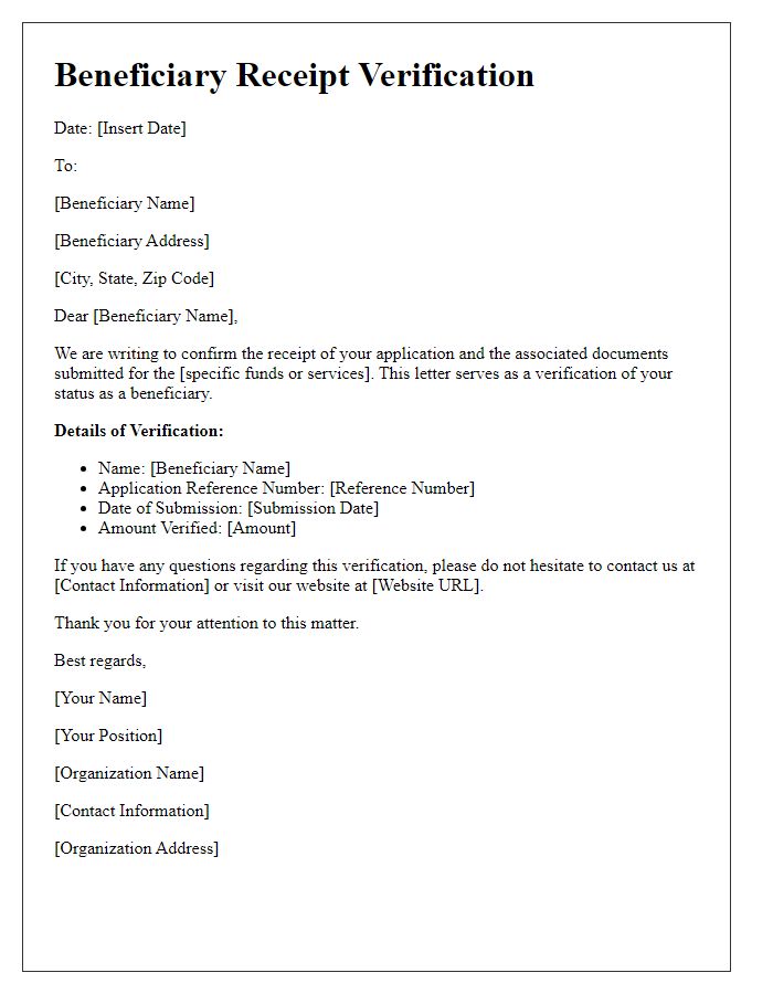 Letter template of beneficiary receipt verification