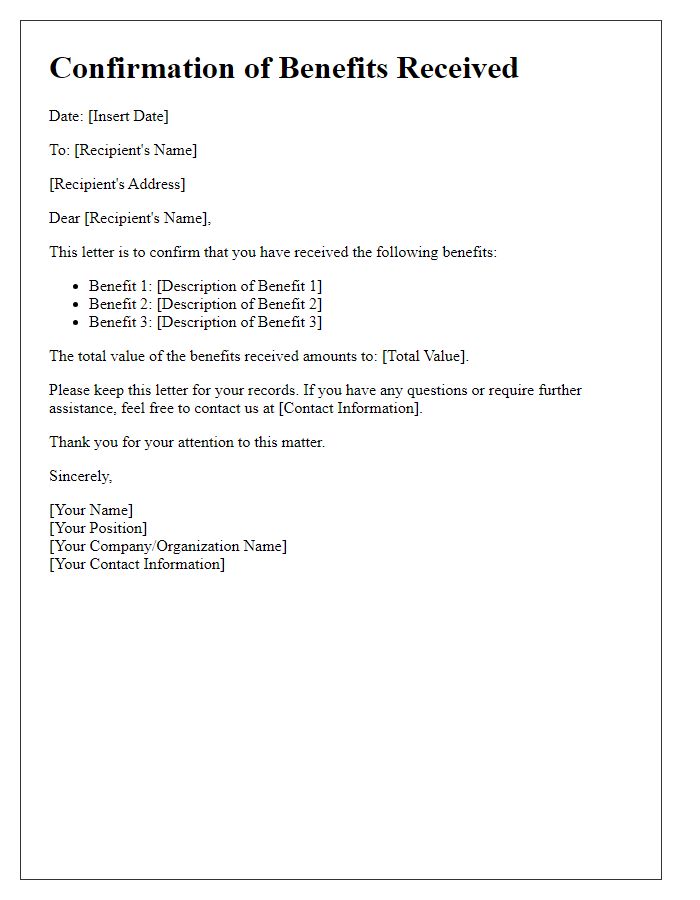 Letter template of confirmation of benefits received