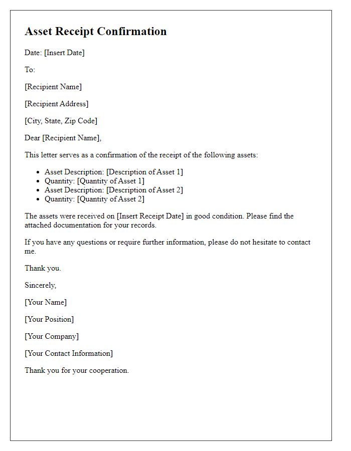 Letter template of recipient confirmation for asset receipt