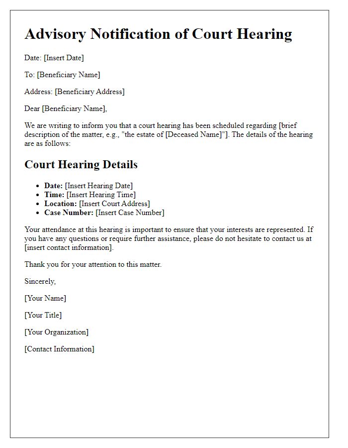 Letter template of Advisory Notification of Court Hearing for Beneficiaries