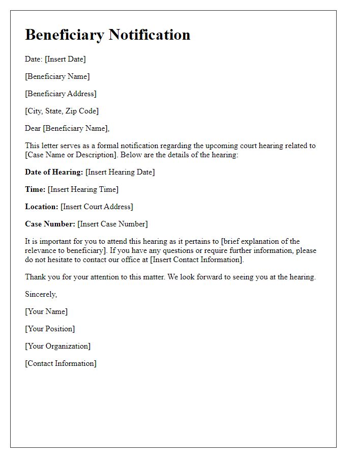 Letter template of Beneficiary Notification for Court Hearing Details