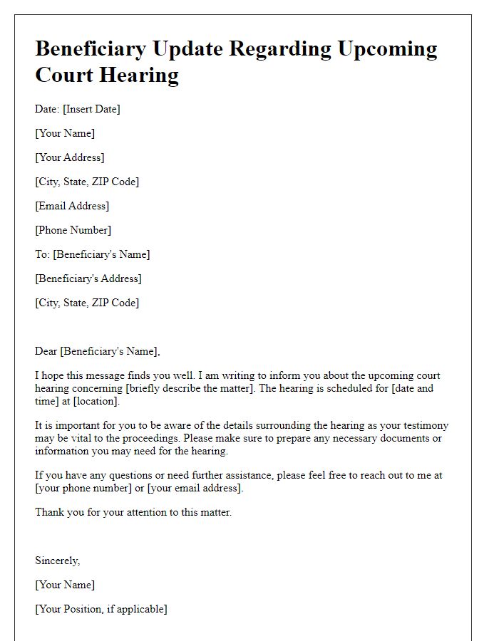 Letter template of Beneficiary Update Regarding Upcoming Court Hearing