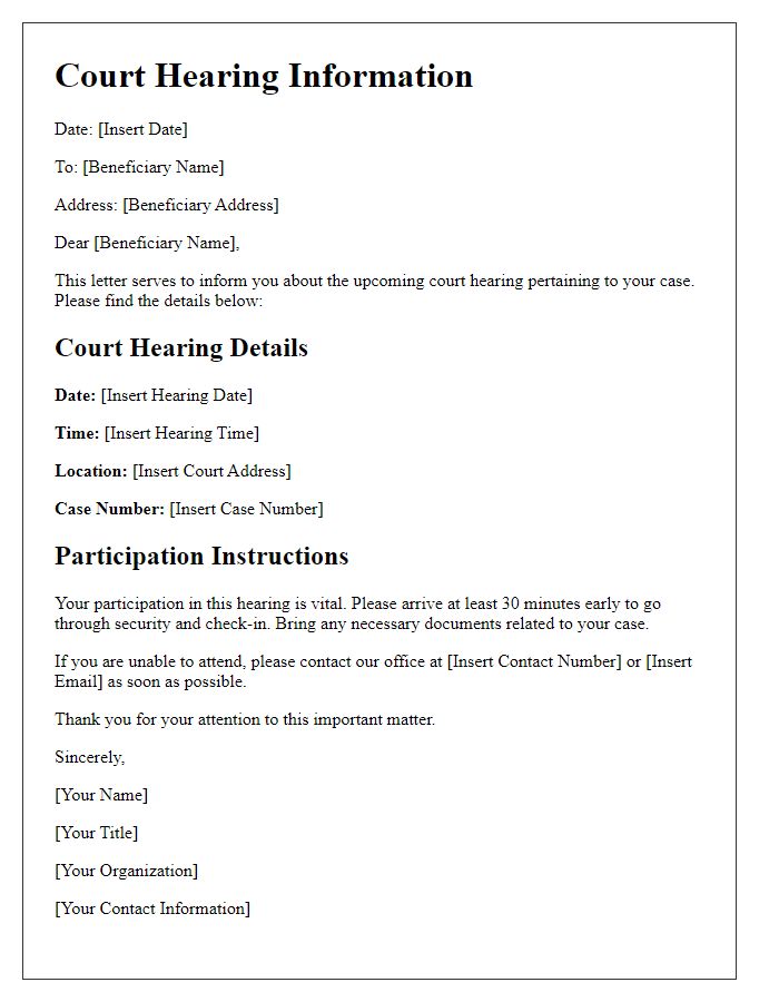 Letter template of Court Hearing Information for Beneficiary Participation