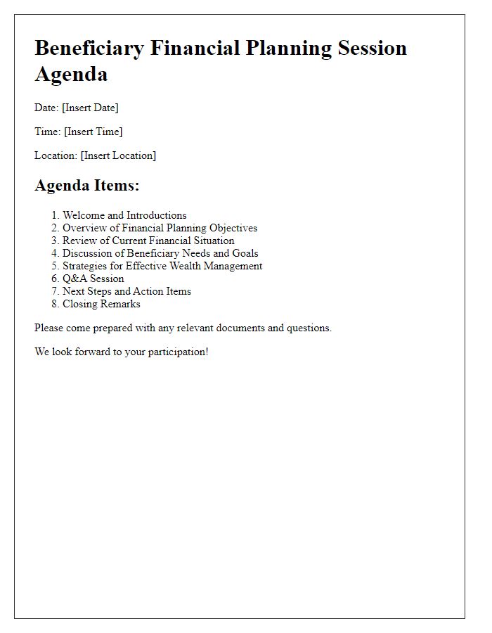 Letter template of agenda for beneficiary financial planning session