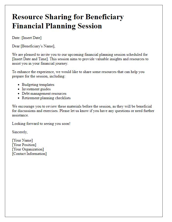 Letter template of resource sharing for beneficiary financial planning session