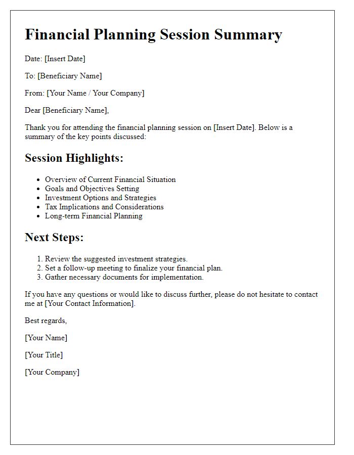 Letter template of summary for beneficiary financial planning session