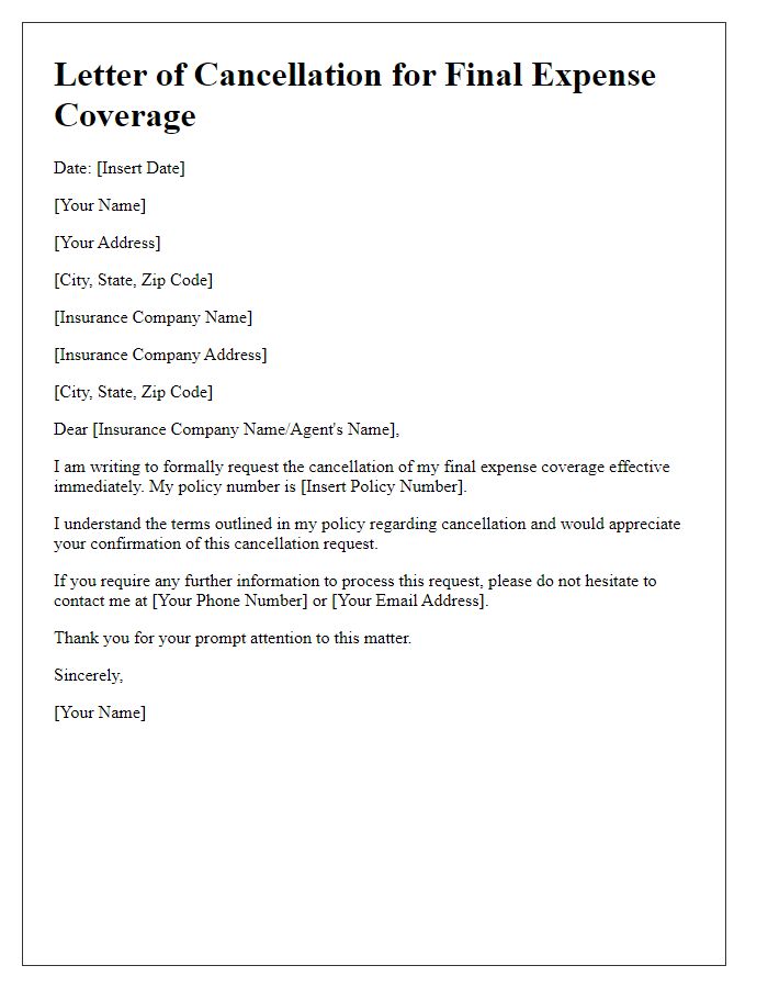 Letter template of beneficiary final expense coverage cancellation