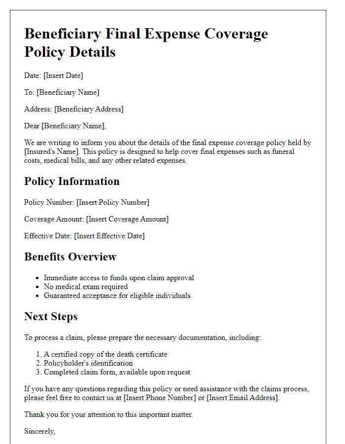 Letter template of beneficiary final expense coverage policy details