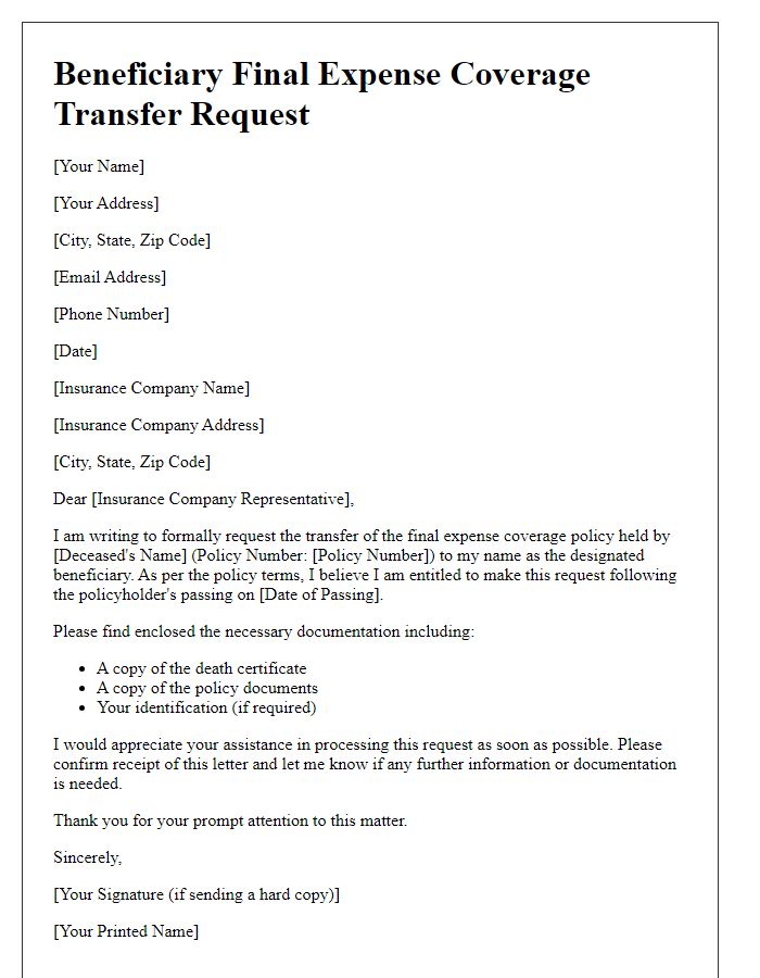 Letter template of beneficiary final expense coverage transfer request