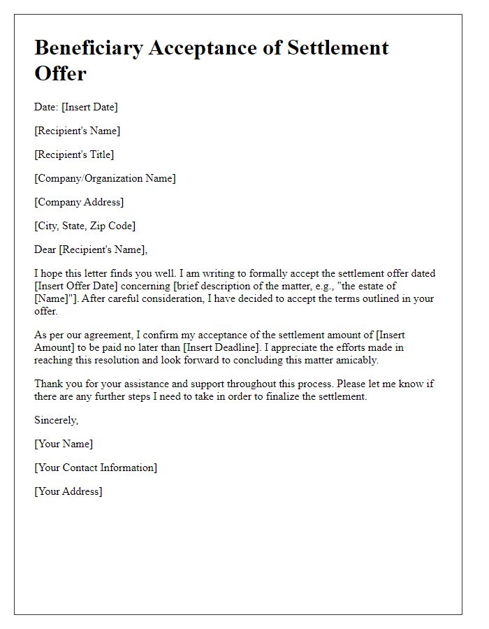 Letter template of beneficiary acceptance of settlement offer.