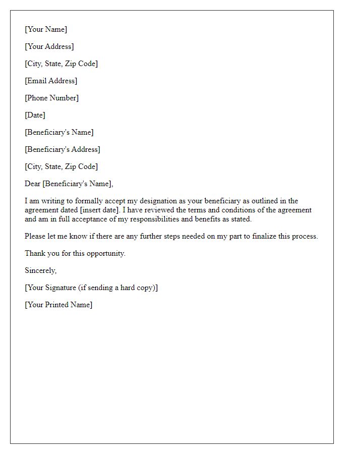 Letter template of beneficiary agreement acceptance.