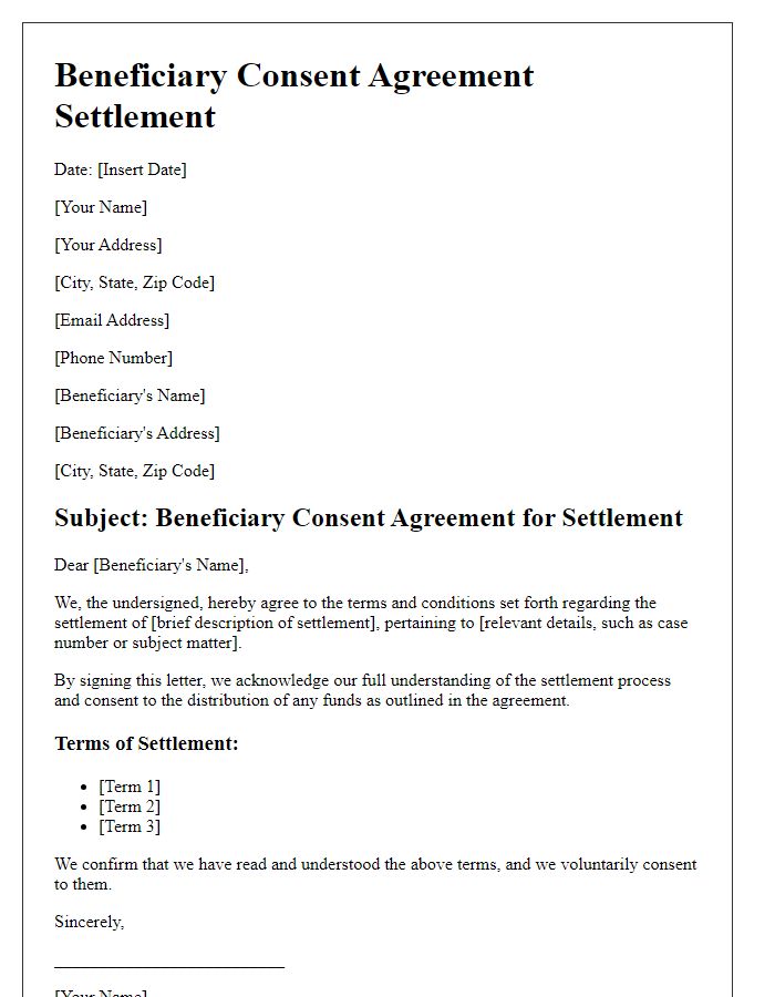 Letter template of beneficiary consent agreement settlement.