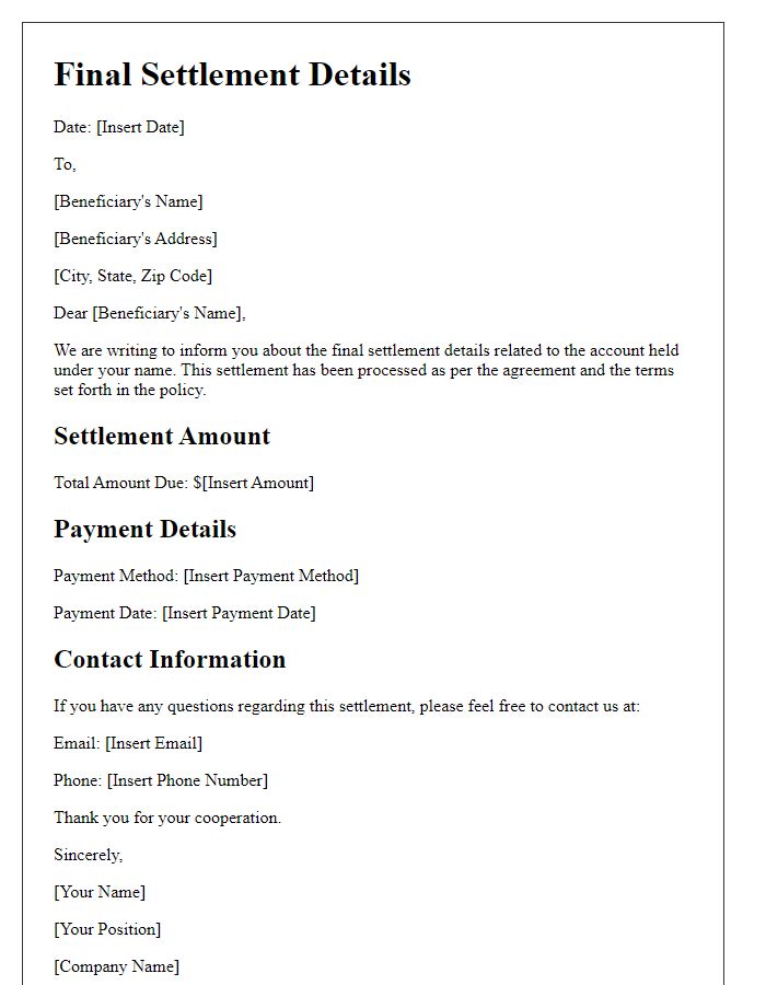 Letter template of beneficiary final settlement details.