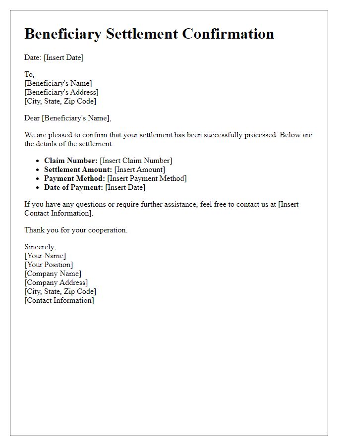 Letter template of beneficiary settlement confirmation.