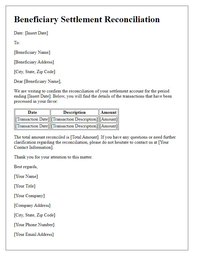 Letter template of beneficiary settlement reconciliation.