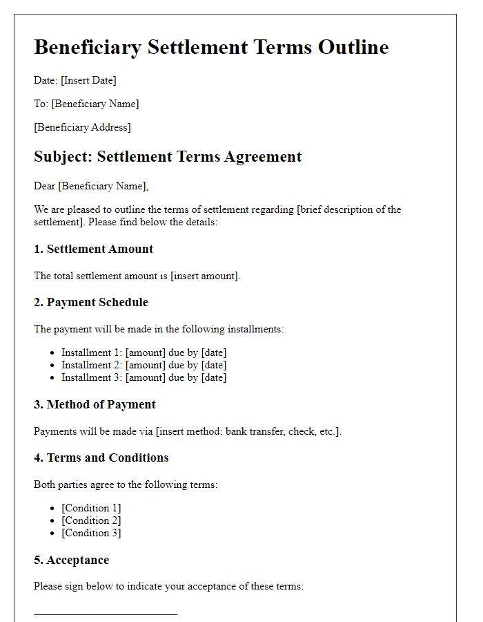 Letter template of beneficiary settlement terms outline.