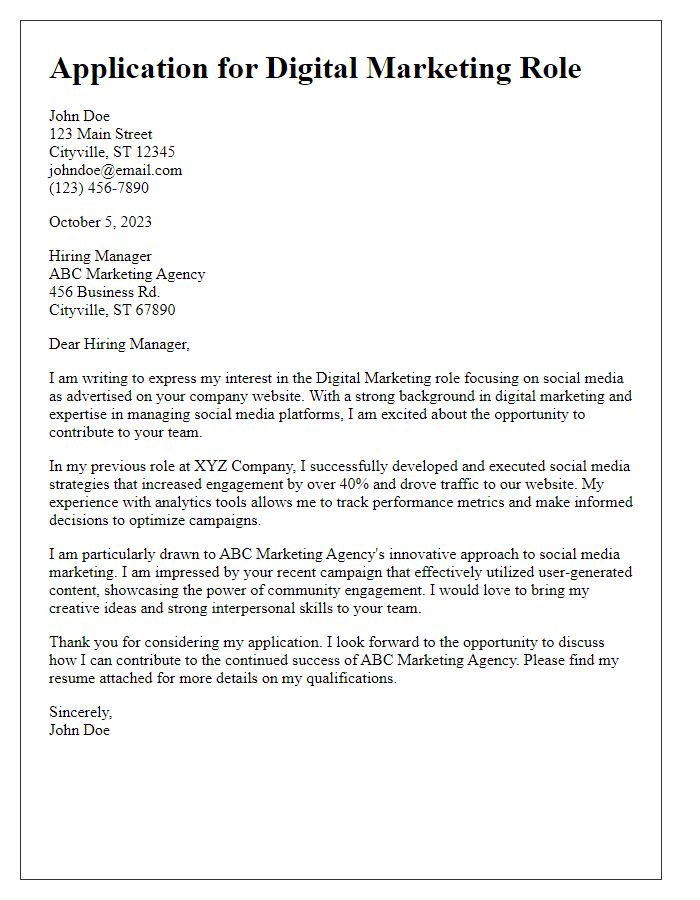 Letter template of an application for a digital marketing role focusing on social media.