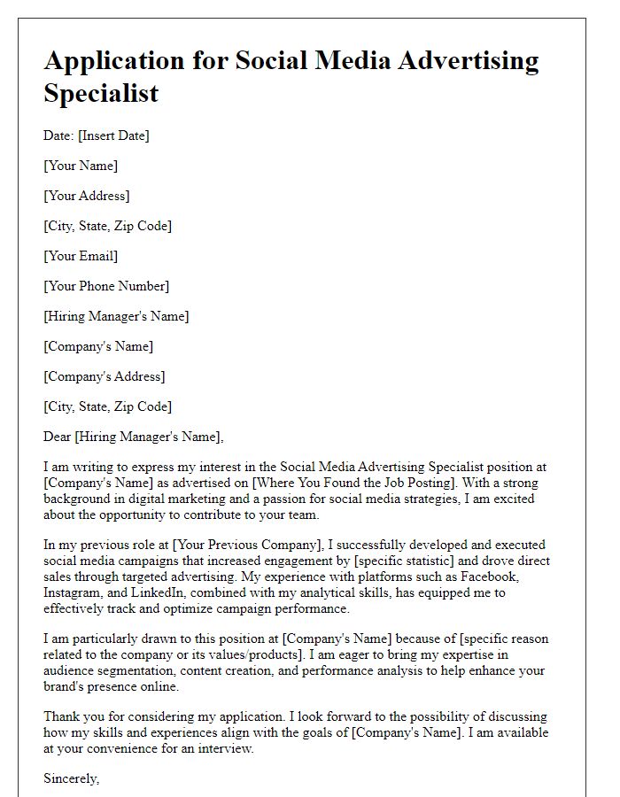 Letter template of an application letter for a social media advertising specialist.