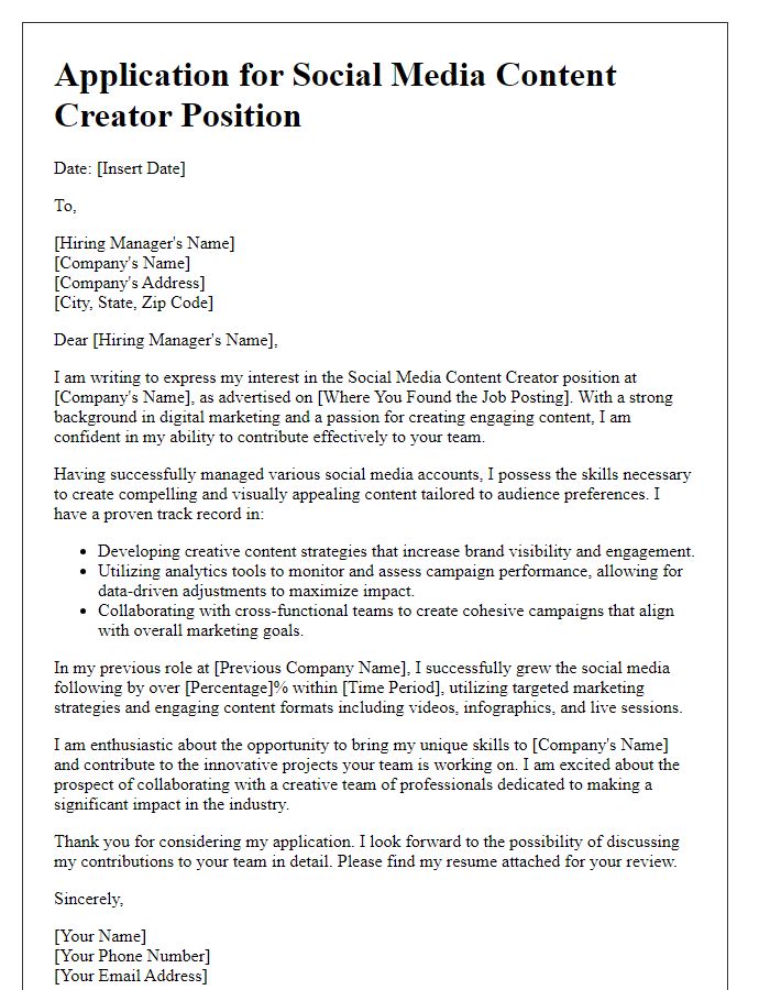 Letter template of an application showcasing skills in social media content creation.