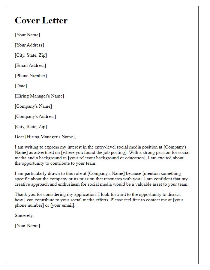 Letter template of a cover letter for an entry-level social media role.