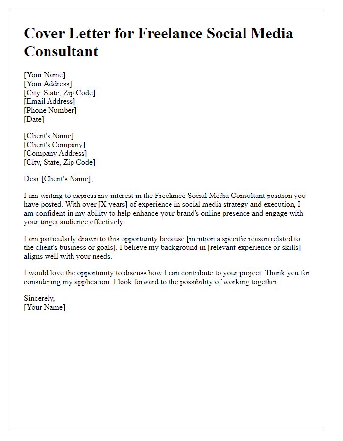 Letter template of a cover letter for a freelance social media consultant.