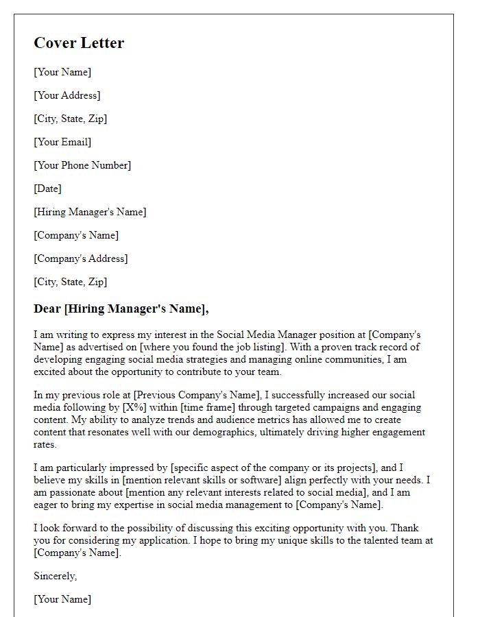 Letter template of a cover letter for a social media manager position.