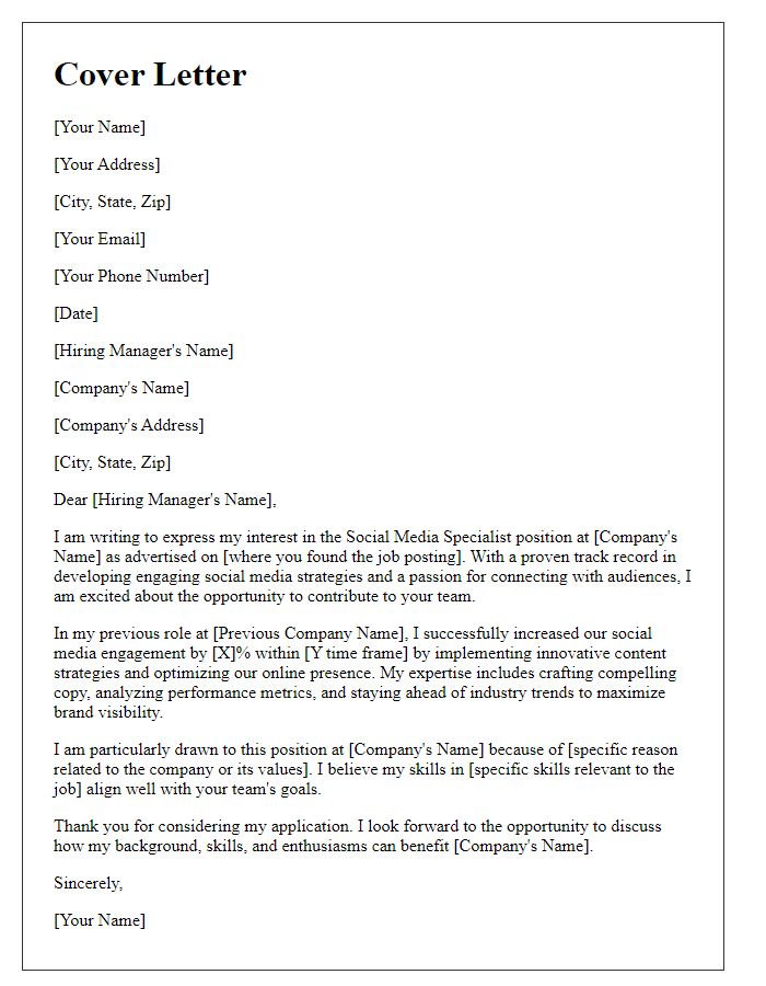 Letter template of a cover letter for social media specialist position.