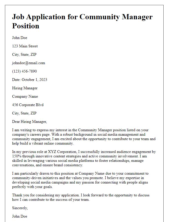 Letter template of a job application for a community manager position in social media.