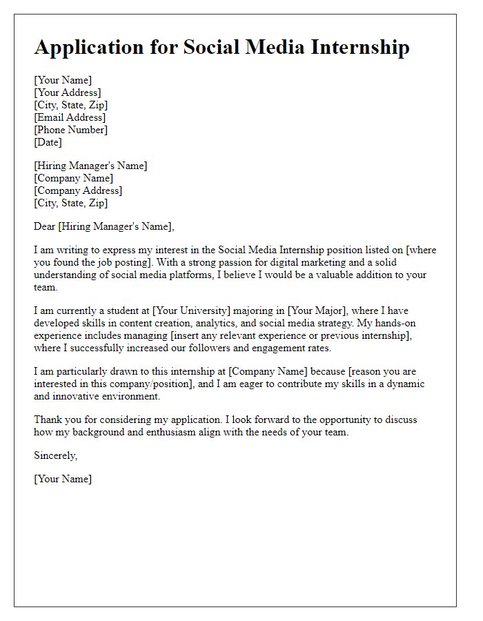 Letter template of a social media internship application letter.