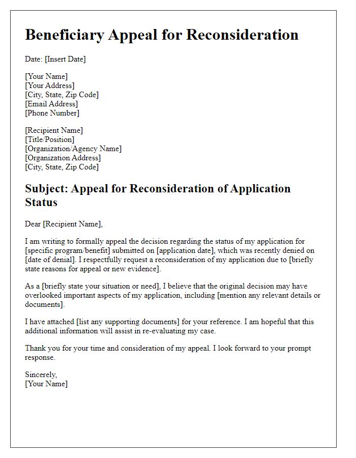 Letter template of beneficiary appeal for reconsideration of application status.