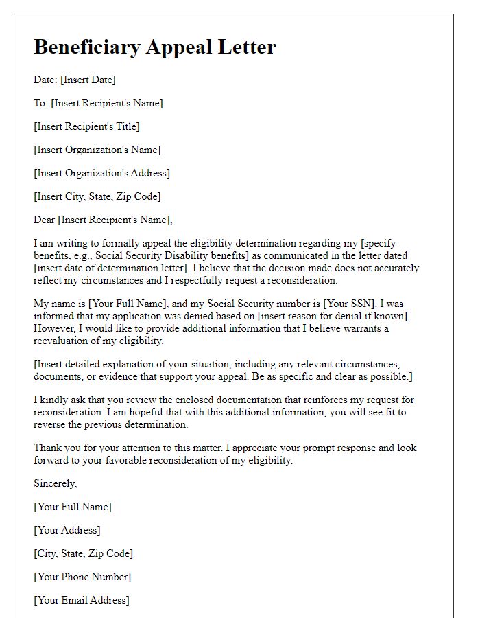 Letter template of beneficiary appeal for reconsideration of eligibility determination.