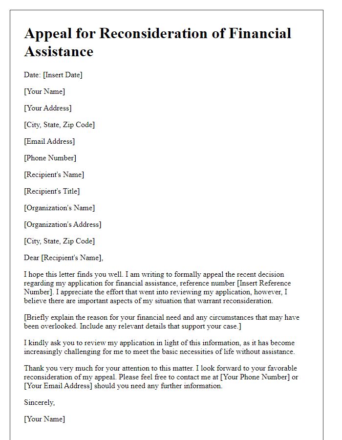 Letter template of beneficiary appeal for reconsideration of financial assistance.