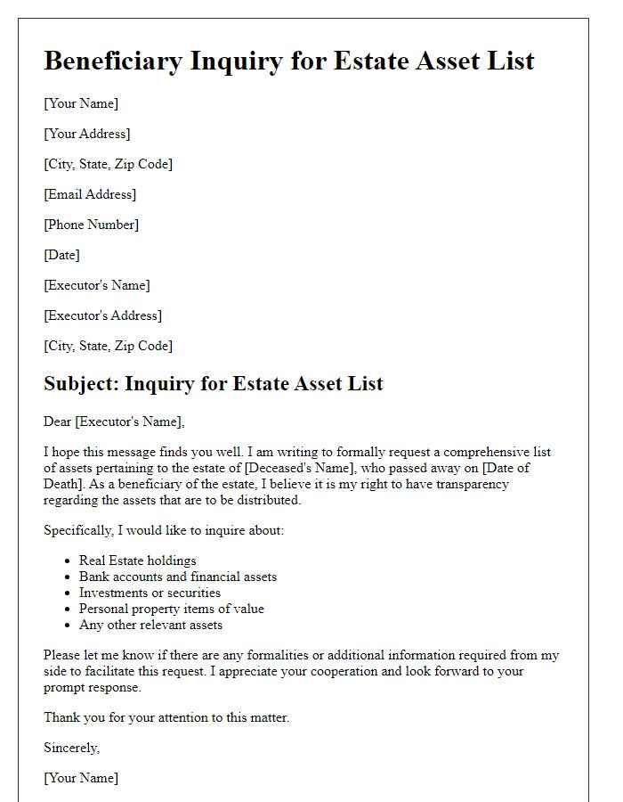 Letter template of beneficiary inquiry for estate asset list