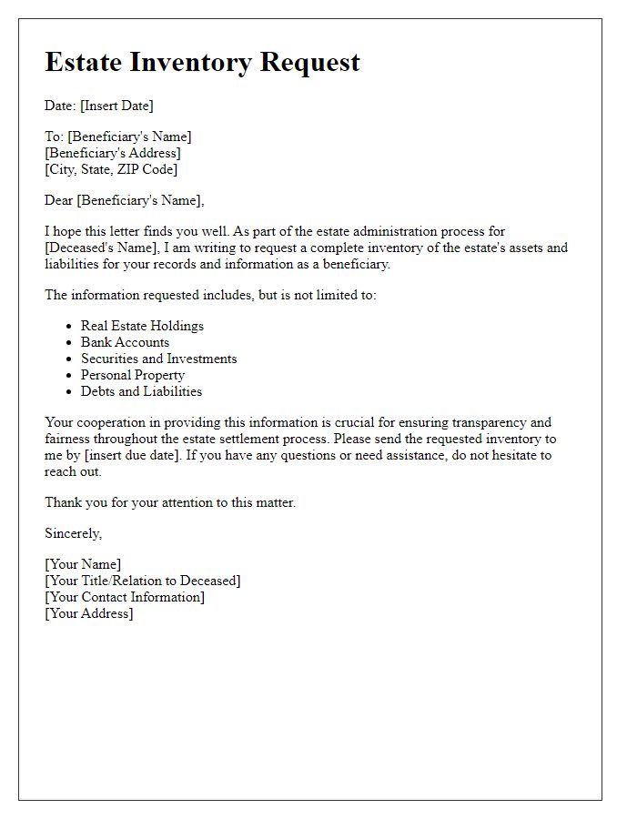 Letter template of estate inventory request for beneficiaries