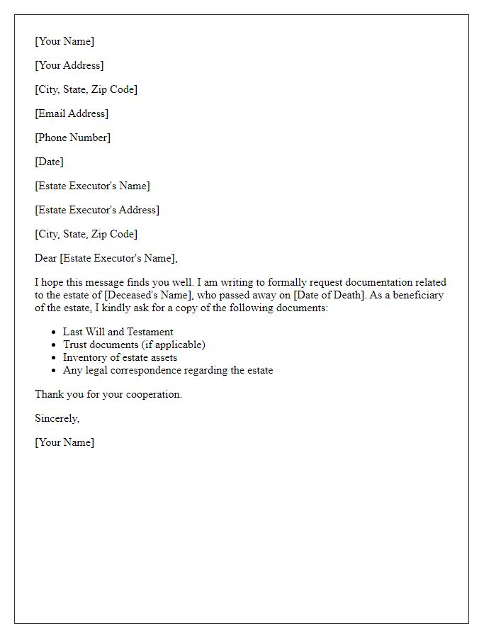 Letter template of formal request for estate documentation from beneficiaries