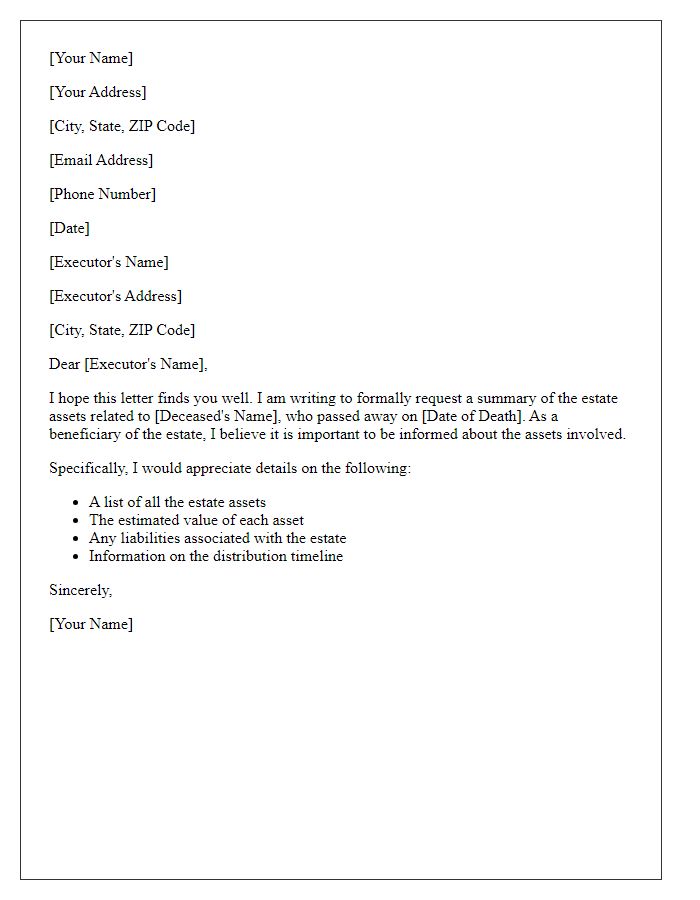 Letter template of request for summary of estate assets