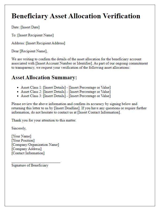 Letter template of beneficiary asset allocation verification.