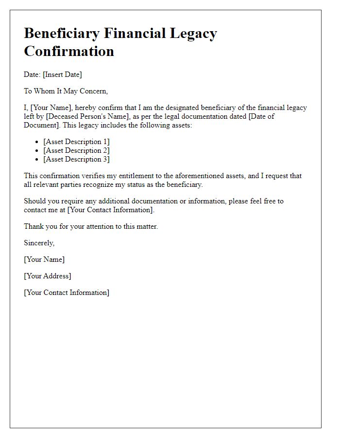 Letter template of beneficiary financial legacy confirmation.