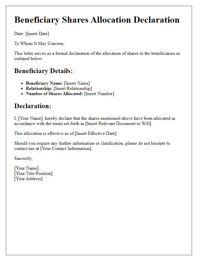 Letter template of beneficiary shares allocation declaration.